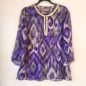 Chico’s Travelers Sheer Cover Blue Purple Gold embellished Blouse Top Size 2/L